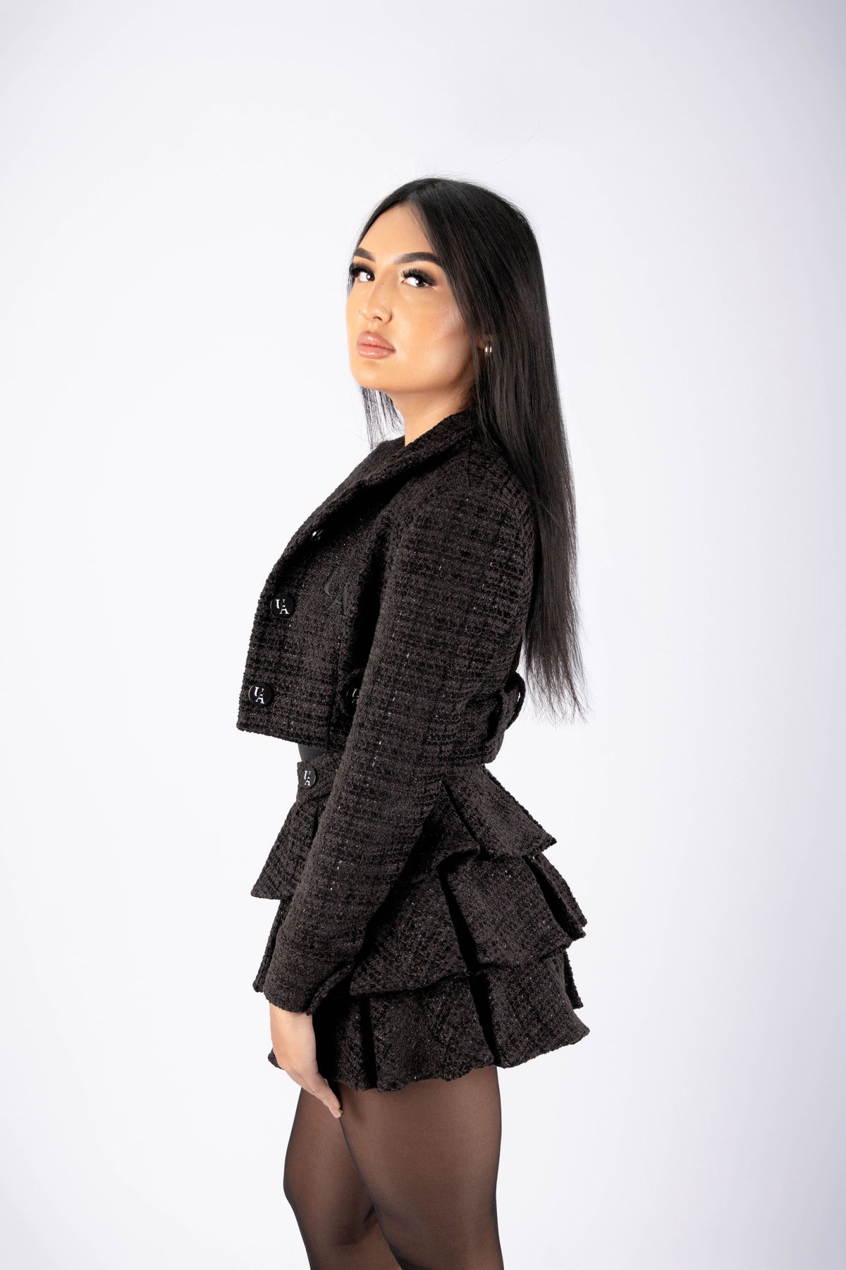 UDEEN AWAAN black crop plaid jacket